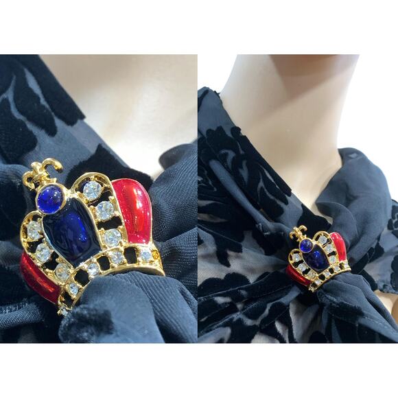 Vintage Jeweled Gold Crown Brooch Scarf Slide | Red Blue Rhinestones - Picture 6 of 7